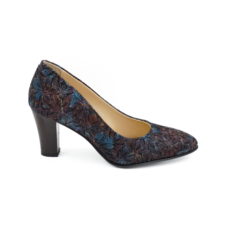 Pantofi dama - Pantofi dama din piele naturala neagra cu imprimeu, cu varf ascutit si toc mediu gros de 7 cm 0449-1-26