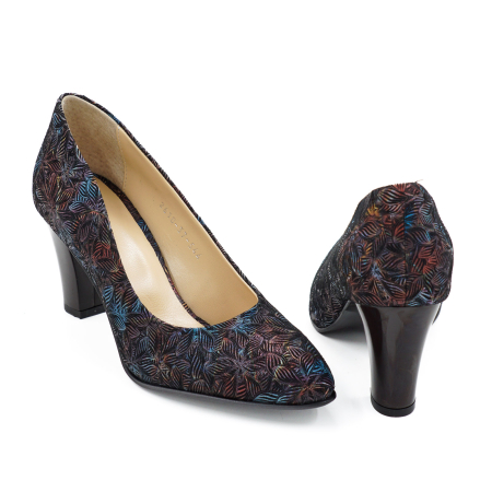 Pantofi dama din piele naturala neagra cu imprimeu, cu varf ascutit si toc mediu gros de 7 cm 0449-1-26 [4]