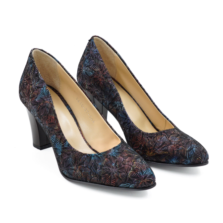 Pantofi dama din piele naturala neagra cu imprimeu, cu varf ascutit si toc mediu gros de 7 cm 0449-1-26 [2]