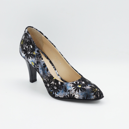 Pantofi dama din piele naturala neagra cu imprimeu, cu varf ascutit si toc mediu gros de 7 cm 0449-5-26 [1]