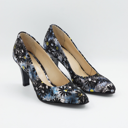 Pantofi dama din piele naturala neagra cu imprimeu, cu varf ascutit si toc mediu gros de 7 cm 0449-5-26 [2]