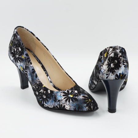 Pantofi dama din piele naturala neagra cu imprimeu, cu varf ascutit si toc mediu gros de 7 cm 0449-5-26 [4]