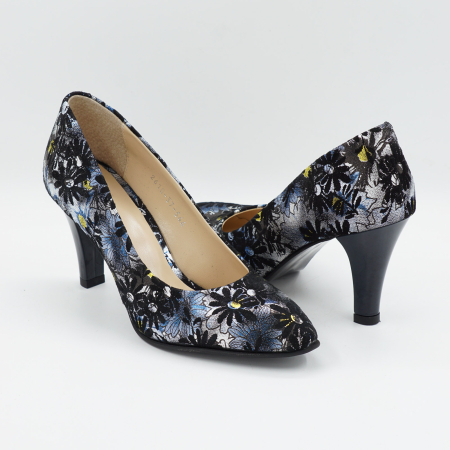 Pantofi dama din piele naturala neagra cu imprimeu, cu varf ascutit si toc mediu gros de 7 cm 0449-5-26 [3]