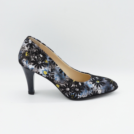 Pantofi dama din piele naturala neagra cu imprimeu, cu varf ascutit si toc mediu gros de 7 cm 0449-5-26 [0]