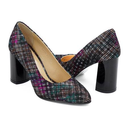 Pantofi dama din piele naturala neagra cu imprimeu, cu varf ascutit si toc mediu gros de 7 cm 0449-16-26 [3]