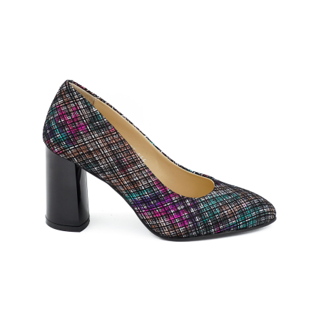 Pantofi dama - Pantofi dama din piele naturala neagra cu imprimeu, cu varf ascutit si toc mediu gros de 7 cm 0449-16-26