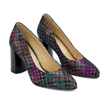 Pantofi dama din piele naturala neagra cu imprimeu, cu varf ascutit si toc mediu gros de 7 cm 0449-16-26 [2]