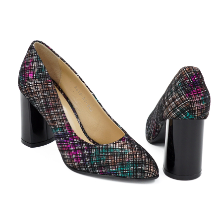 Pantofi dama din piele naturala neagra cu imprimeu, cu varf ascutit si toc mediu gros de 7 cm 0449-16-26 [4]