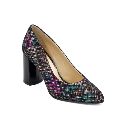 Pantofi dama din piele naturala neagra cu imprimeu, cu varf ascutit si toc mediu gros de 7 cm 0449-16-26 [1]