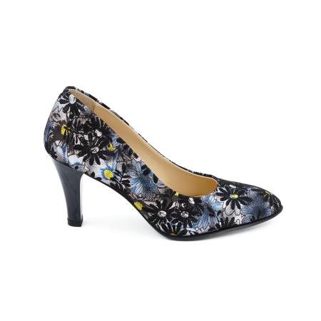 Pantofi dama - Pantofi dama din piele naturala neagra cu imprimeu, cu varf ascutit si toc mediu gros de 7 cm 0449-5-26