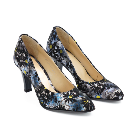 Pantofi dama din piele naturala neagra cu imprimeu, cu varf ascutit si toc mediu gros de 7 cm 0449-5-26 [2]
