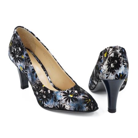 Pantofi dama din piele naturala neagra cu imprimeu, cu varf ascutit si toc mediu gros de 7 cm 0449-5-26 [4]