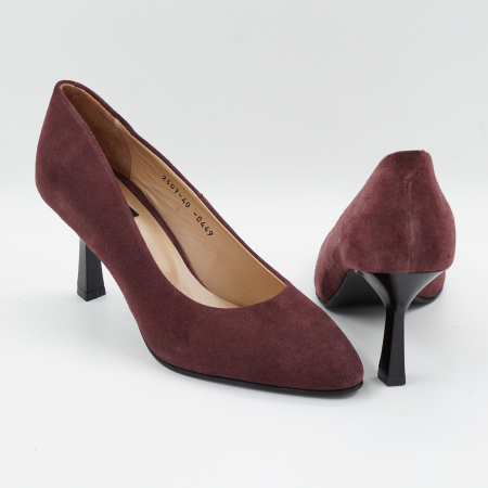 Pantofi dama din piele naturala intoarsa visinie, cu varf ascutit si toc mediu subtire de 7 cm 0449-10-26 [4]