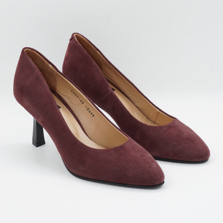Pantofi dama din piele naturala intoarsa visinie, cu varf ascutit si toc mediu subtire de 7 cm 0449-10-26 [2]