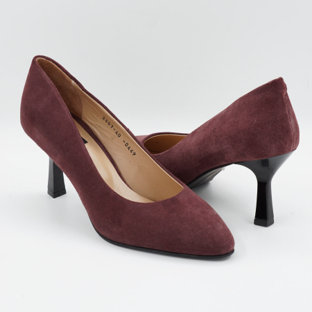Pantofi dama din piele naturala intoarsa visinie, cu varf ascutit si toc mediu subtire de 7 cm 0449-10-26 [3]