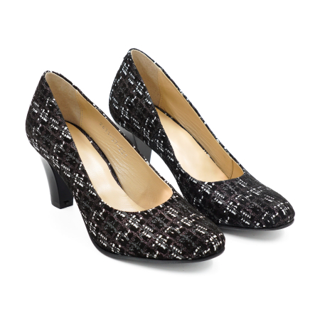 Pantofi dama din piele naturala neagra cu imprimeu, cu varf rotund si toc mediu gros de 7 cm 0221-26 [2]