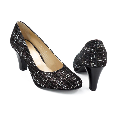 Pantofi dama din piele naturala neagra cu imprimeu, cu varf rotund si toc mediu gros de 7 cm 0221-26 [4]