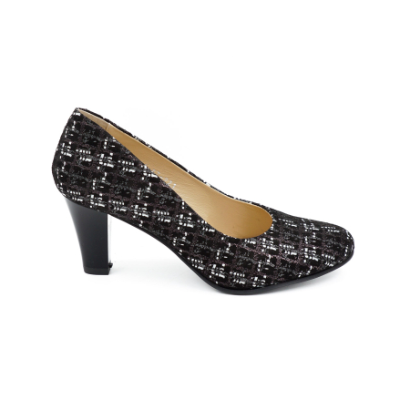 Pantofi dama - Pantofi dama din piele naturala neagra cu imprimeu, cu varf rotund si toc mediu gros de 7 cm 0221-26
