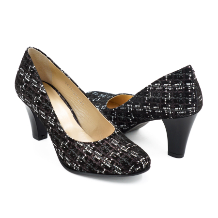 Pantofi dama din piele naturala neagra cu imprimeu, cu varf rotund si toc mediu gros de 7 cm 0221-26 [3]