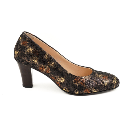Pantofi dama din piele naturala neagra cu imprimeu, cu varf rotund si toc mic gros 6 cm 6052-1-26 [0]