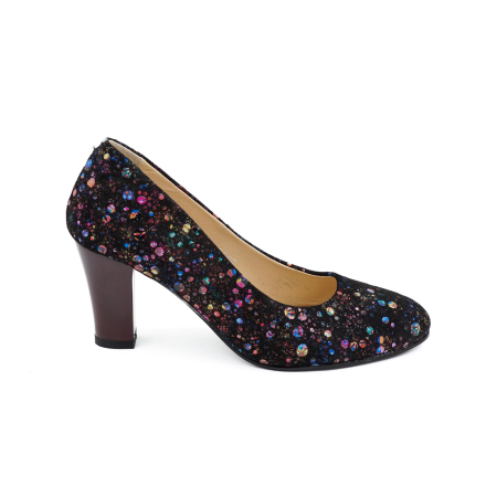 Pantofi dama din piele naturala neagra cu imprimeu, cu varf rotund si toc mic gros 6 cm 6052-26 [0]
