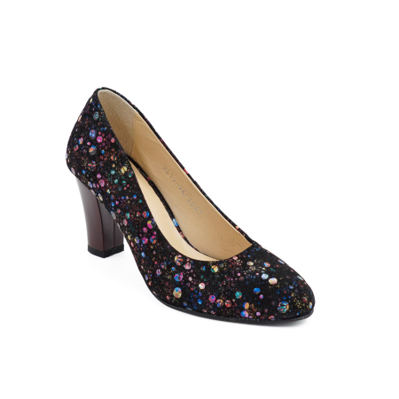 Pantofi dama din piele naturala neagra cu imprimeu, cu varf rotund si toc mic gros 6 cm 6052-26 [1]