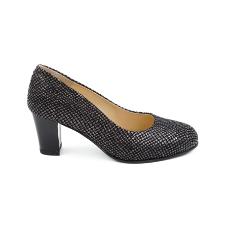 Pantofi dama din piele naturala neagra cu imprimeu, cu varf rotund si toc mic gros de 6 cm 6055-2-26 [0]