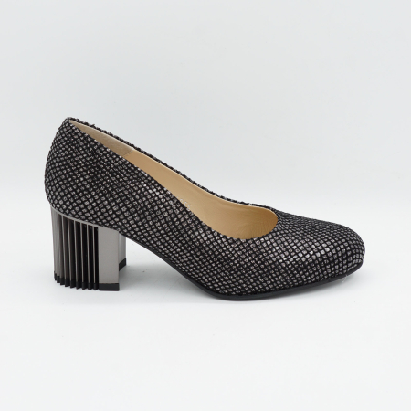 Pantofi dama - Pantofi dama din piele naturala neagra cu imprimeu, cu varf rotund si toc mic gros de 6 cm 6055-4-26
