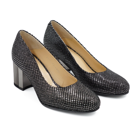 Pantofi dama din piele naturala neagra cu imprimeu, cu varf rotund si toc mic gros de 6 cm 6055-4-26 [2]