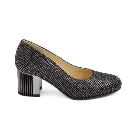 Pantofi dama - Pantofi dama din piele naturala neagra cu imprimeu, cu varf rotund si toc mic gros de 6 cm 6055-4-26