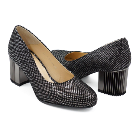 Pantofi dama din piele naturala neagra cu imprimeu, cu varf rotund si toc mic gros de 6 cm 6055-4-26 [3]