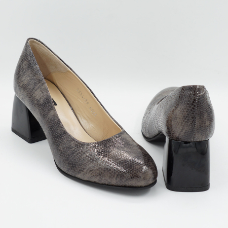 Pantofi dama din piele naturala lacuita croco maro, cu varf rotund si toc mic gros de 6 cm 6055-26 [4]