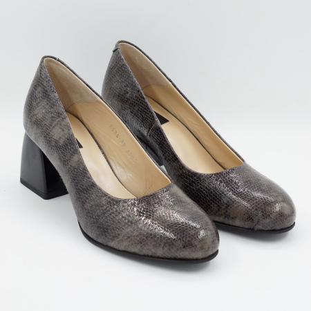 Pantofi dama din piele naturala lacuita croco maro, cu varf rotund si toc mic gros de 6 cm 6055-26 [2]