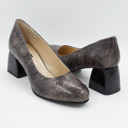 Pantofi dama din piele naturala lacuita croco maro, cu varf rotund si toc mic gros de 6 cm 6055-26 [3]