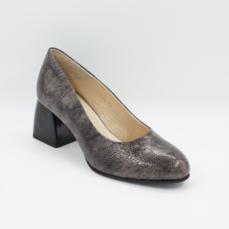 Pantofi dama din piele naturala lacuita croco maro, cu varf rotund si toc mic gros de 6 cm 6055-26 [1]