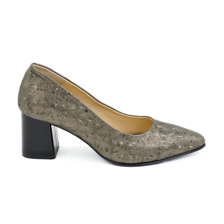 Lichidare stocuri - Pantofi dama din piele naturala cu imprimeu 3D olive, cu varf ascutit stiletto si toc mic gros de 6 cm 6057-7-26
