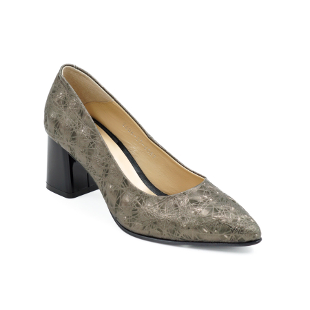 Pantofi dama din piele naturala cu imprimeu 3D olive, cu varf ascutit stiletto si toc mic gros de 6 cm 6057-7-26 [1]