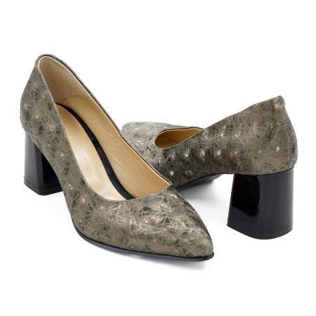 Pantofi dama din piele naturala cu imprimeu 3D olive, cu varf ascutit stiletto si toc mic gros de 6 cm 6057-7-26 [3]