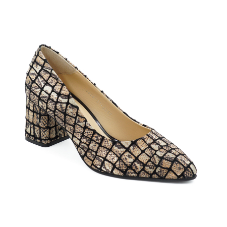 Pantofi dama din piele naturala neagra cu imprimeu animal print, cu varf ascutit stiletto si toc mic gros imbracat de 6 cm 6057-6-26 [1]