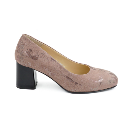Pantofi dama - Pantofi dama din piele naturala bej roze cu imprimeu, cu varf rotund si toc mic gros de 6 cm 6065-4-26