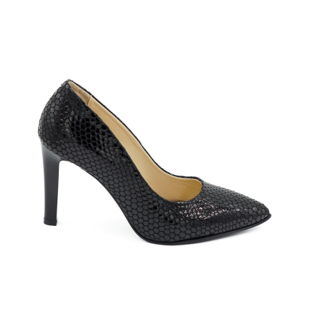 Pantofi dama - Pantofi dama din piele naturala lacuita croco negru, cu varf ascutit stiletto si toc inalt subtire 9 cm 9557-18-26