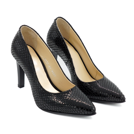 Pantofi dama din piele naturala lacuita croco negru, cu varf ascutit stiletto si toc inalt subtire 9 cm 9557-18-26 [2]