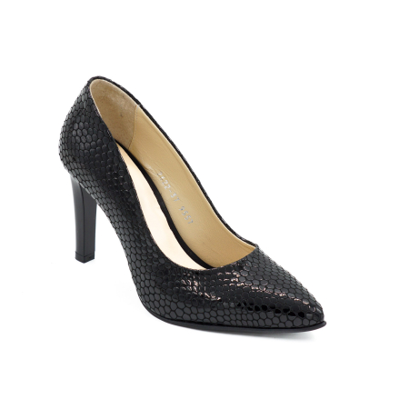 Pantofi dama din piele naturala lacuita croco negru, cu varf ascutit stiletto si toc inalt subtire 9 cm 9557-18-26 [1]