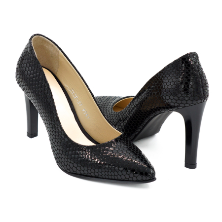Pantofi dama din piele naturala lacuita croco negru, cu varf ascutit stiletto si toc inalt subtire 9 cm 9557-18-26 [3]