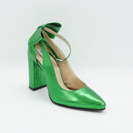Pantofi dama din piele naturala verde deschis metalizat, cu varf ascutit si toc inalt gros imbracat 9 cm 50719-1-26 [1]