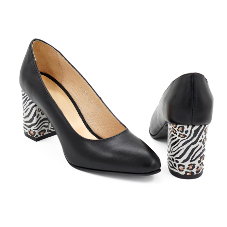 Pantofi dama din piele naturala neagra, cu varf ascutit si toc mediu gros imbracat de 7 cm 0449-11-26 [4]