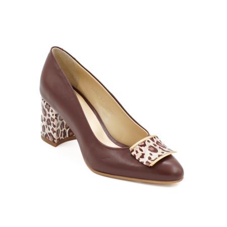 Pantofi dama din piele naturala maro coniac si lacuita cu imprimeu leopard, cu varf ascutit si toc mic gros imbracat de 6 cm 51424-2-26 [2]