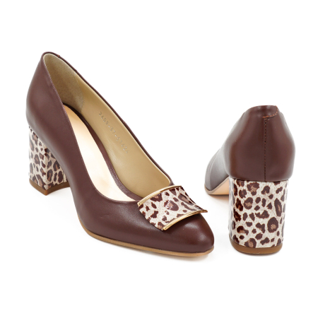 Pantofi dama din piele naturala maro coniac si lacuita cu imprimeu leopard, cu varf ascutit si toc mic gros imbracat de 6 cm 51424-2-26 [4]