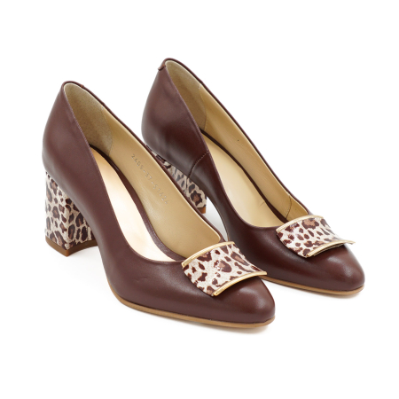 Pantofi dama din piele naturala maro coniac si lacuita cu imprimeu leopard, cu varf ascutit si toc mic gros imbracat de 6 cm 51424-2-26 [3]