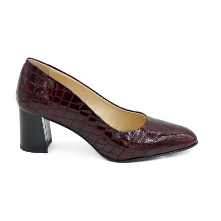 Pantofi elegant & office dama - Pantofi dama din piele naturala lacuita croco visiniu, cu varf ascutit si toc mic gros de 6 cm 0700-13-26